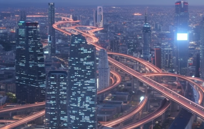 An image showcasing a futuristic cityscape at dusk, with AI-powered surveillance cameras seamlessly identifying and tracking various objects, humans, and vehicles amidst bustling streets